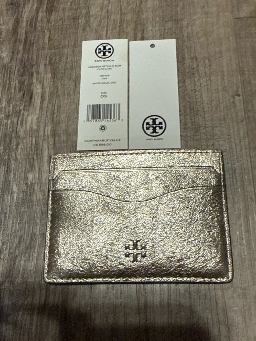 Tory Burch White Gold Metallic Slim Card Holder